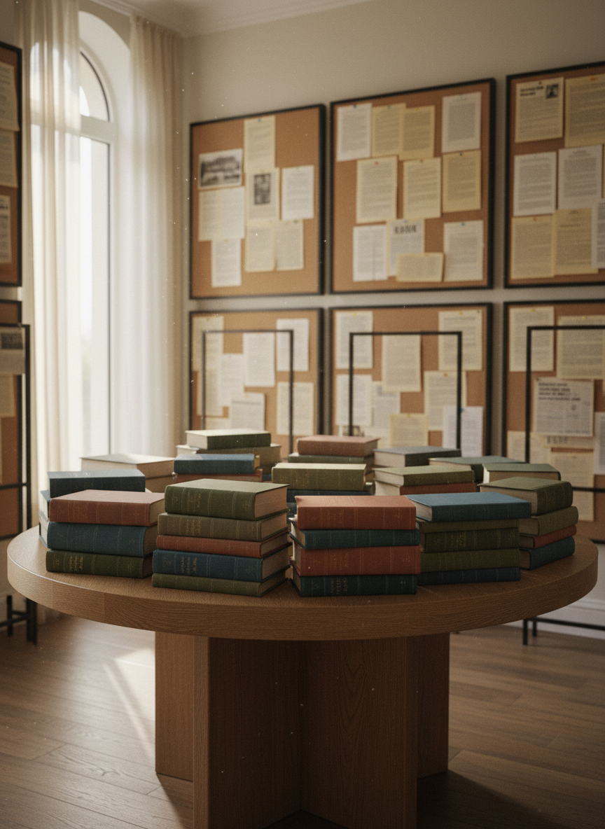 A heavy oak roundtable covered in neatly stacked hardcover books on philosophy, sociology, and contemporary culture, each with textured cloth covers in muted blues and earth tones, sits in the center of a quiet study. Around the table, pinned corkboards and minimalist metal frames display newspaper clippings and printed essays, slightly curled at the edges. Soft morning light enters through a tall window with sheer curtains, casting gentle shadows and revealing fine dust motes in the air. Photographic realism at eye level, with a shallow depth of field that keeps the table and books sharply focused while the background blurs, creating a calm, reflective atmosphere that suggests thoughtful, reasoned debate without showing any people.