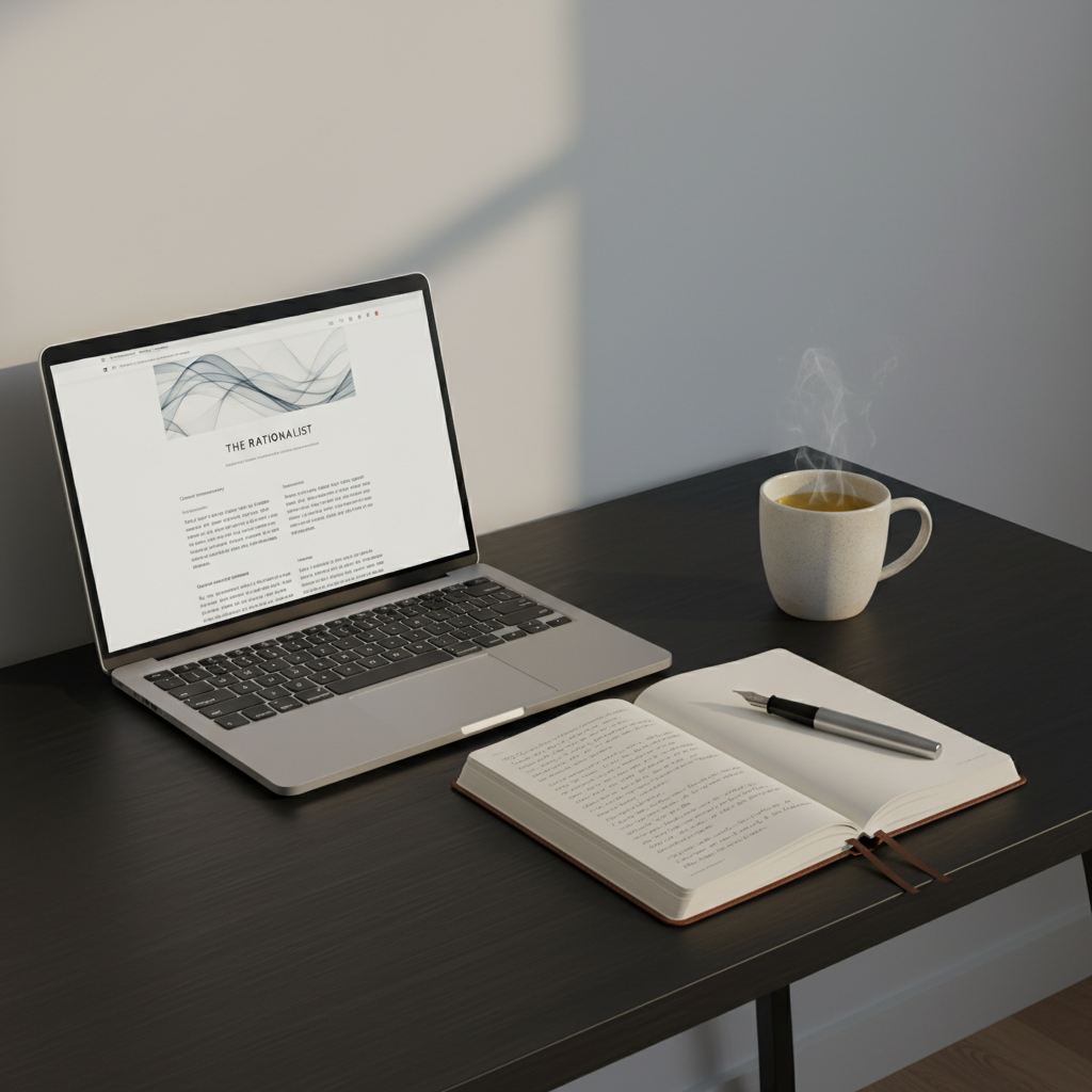 A sleek, modern writing desk in matte black wood stands against a pale grey wall, supporting an open laptop displaying a clean blog interface with neatly aligned text and a simple header graphic. Beside it, a classic leather-bound notebook lies open, filled with handwritten notes in precise, dark ink, and a metal fountain pen rests diagonally across the page. A ceramic mug of herbal tea releases a faint wisp of steam. Warm late-afternoon light from an unseen window rakes across the desk surface, creating long, soft shadows. Photographic realism from a slightly elevated angle with balanced composition, emphasizing clarity, order, and professionalism, evoking a quiet space dedicated to rational analysis and cultural commentary.